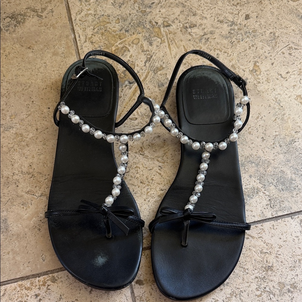 Stuart Weitzman Black Pearl-T-Strap Bow Sandals